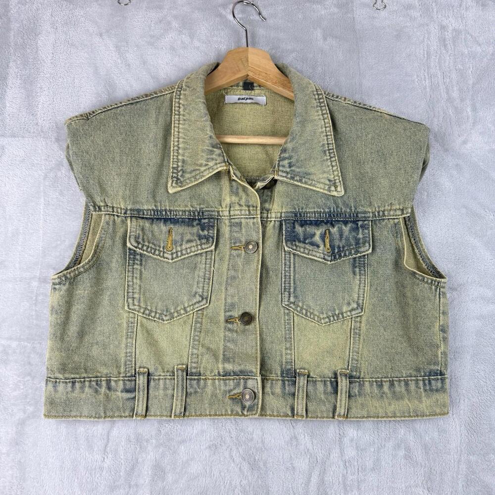 DaCpan Cropped Denim Vest Olive Green Washed Sleeveless Jacket Size S Skate Y2K